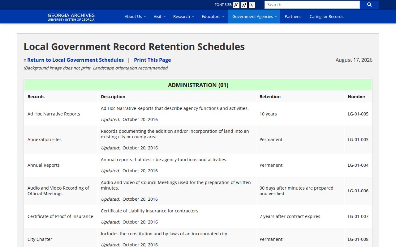 Georgia Archives local government retention schedule for Johnson County booking records
