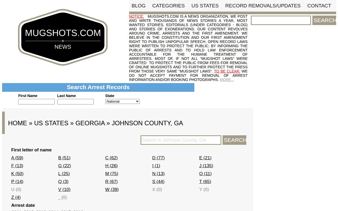 Historical Johnson County Mugshots.com archive filters