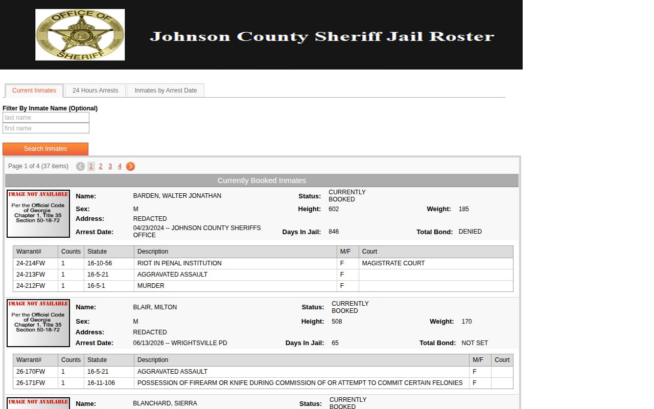 Johnson County Jail current inmate roster search interface