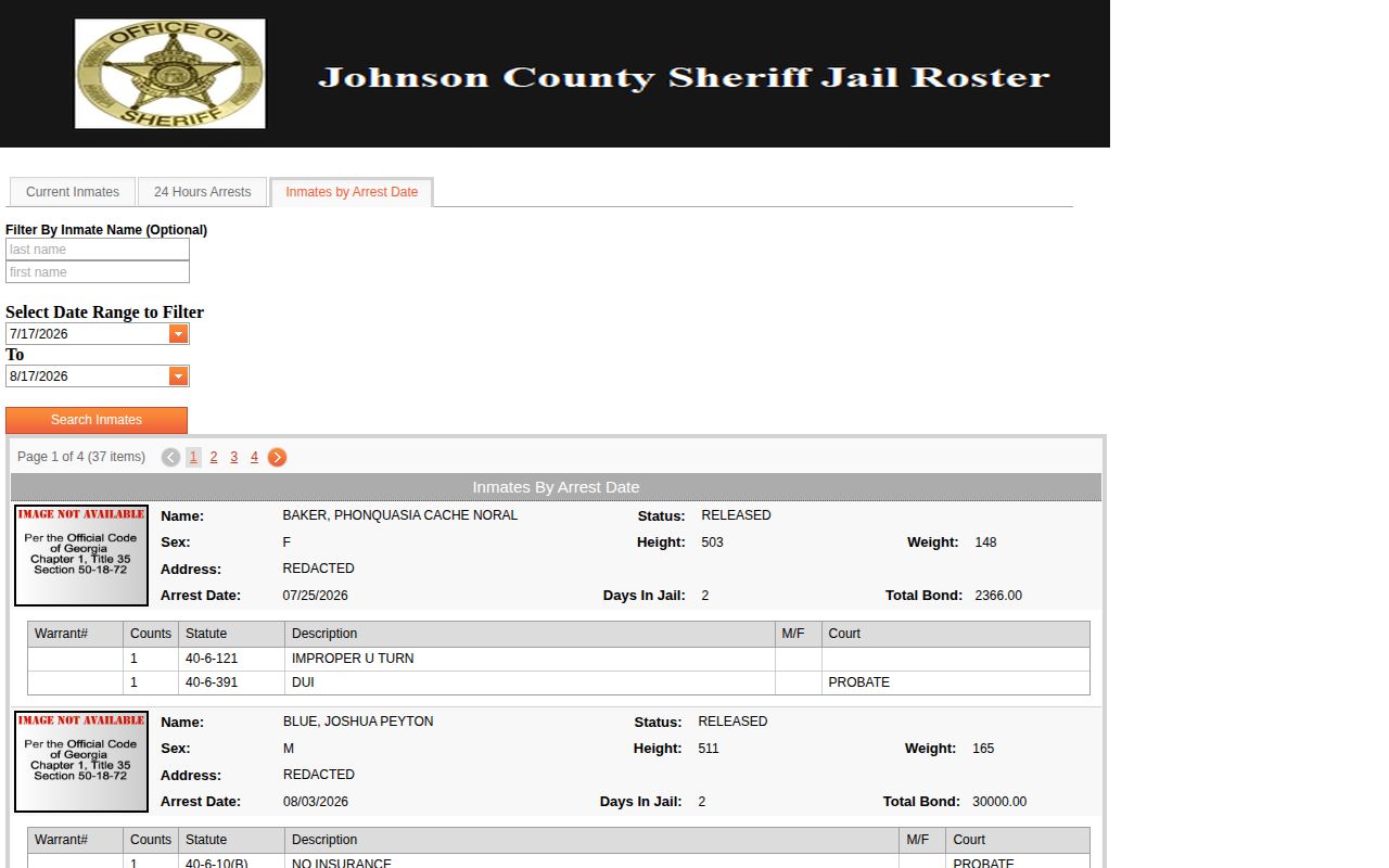 Johnson County released and current arrest-date search interface